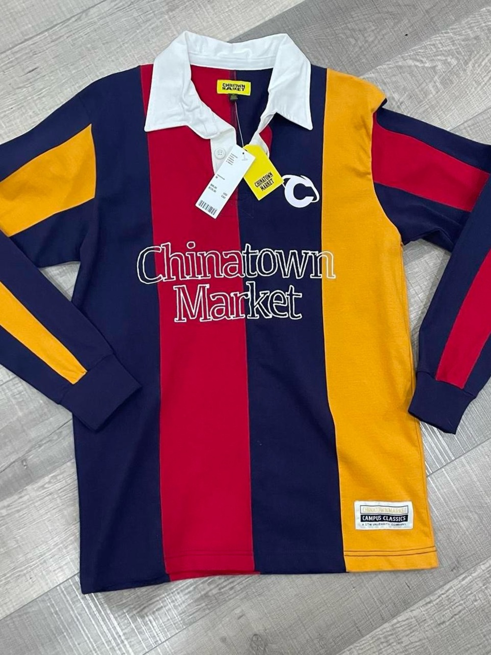 Urban Outfitters Chinatown Market Navy Red Gold Rugby Polo